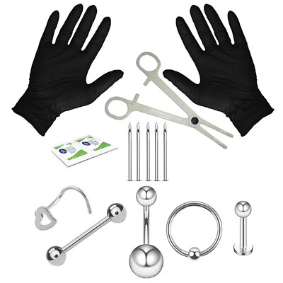 14Pcs Body Piercing Tool Kit Ear Lip Tongue Nose Navel Nipple Rings Professional - Image 1 of 4