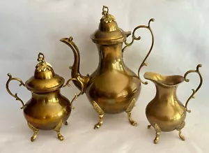 3 Piece Polished Brass Tea Set from India, Tea Pot, Sugar with Lid, Creamer - Picture 1 of 15