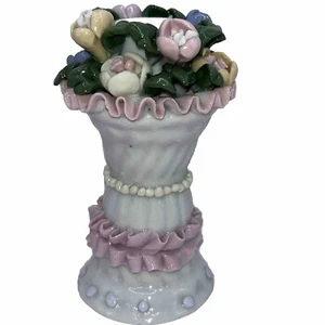 Porcelain Ribbon Candle Holder Capodimonte Flower Italy Pink Shabby Chic - Picture 1 of 8