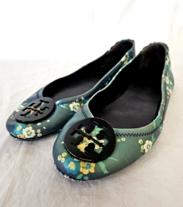 Tory Burch Sz 8.5M Blue Pansy Floral Blue Travel Minnie Ballet Flats with Logo - Picture 1 of 12