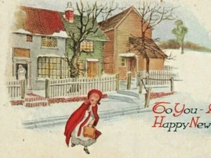 Christmas Red Riding Hood Basket Postcard - Picture 1 of 3