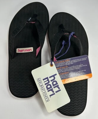 Sandália tanga HARI MARI Dunes chinelos tamanho 6 preta espuma com memória alça de tecido rosa - Imagem 1 de 4