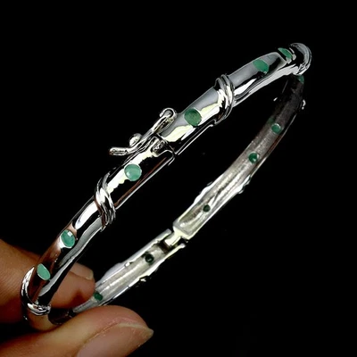 Brazalete de plata de ley 925 redondo esmeralda piedras preciosas naturales joyería 2,3 pulgadas Foto 1 de 4