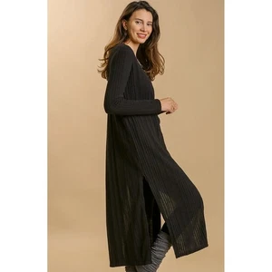 UMGEE M Black Duster Cardigan Ribbed Knit Open Front Long Sleeve Side Slits - Picture 1 of 8