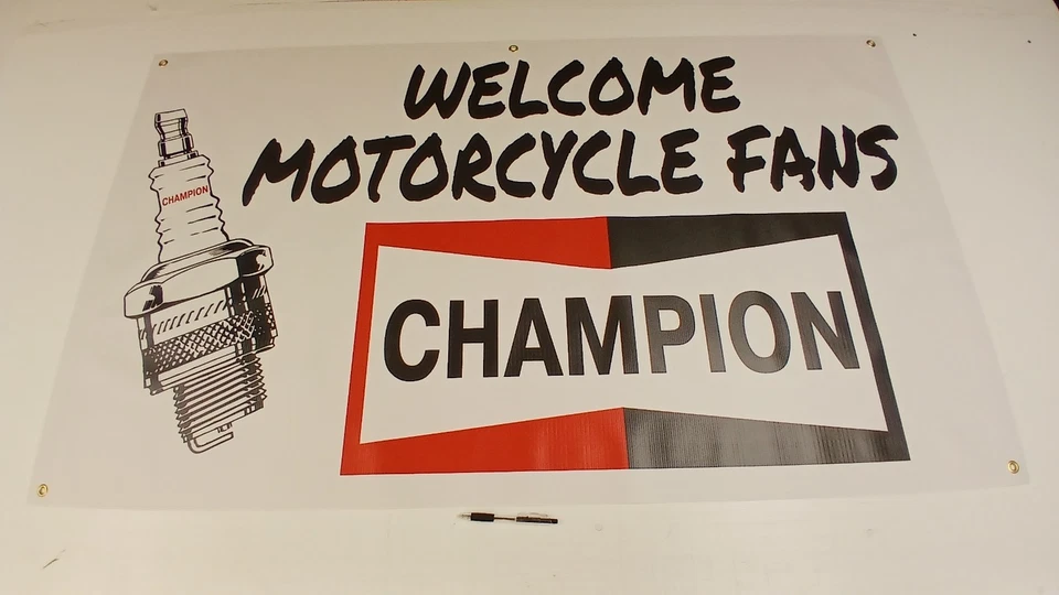 Champion Spark Plug 70's Vintage-Style Banner Welcome Motorcyle Race Fans - Image 1 of 1