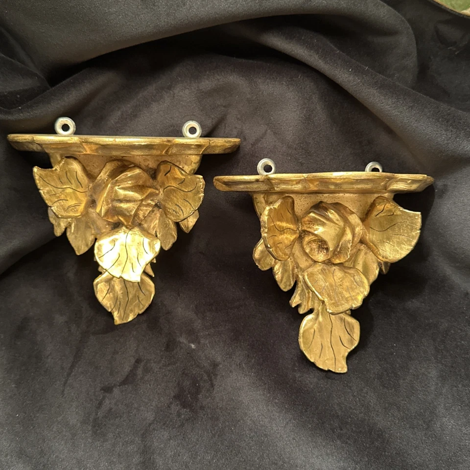 Пара винтажных итальянских позолоченных деревянных роз 1940-х настенные кронштейны полки  - Изображение 1 из 4