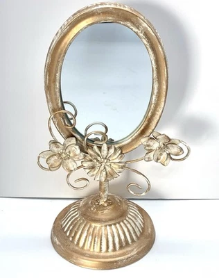 Oval Metal Pedestal Frame Mirror Floral Flowers White Gold Lightweight Modern - Image 1 of 4