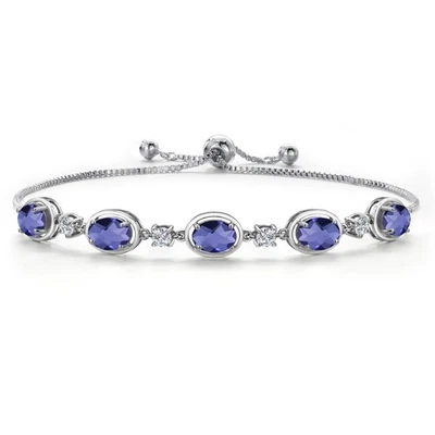 925 Sterling Silver Blue Iolite and Lab Grown Diamond Bracelet For Women | 3.65 - Image 1 of 4