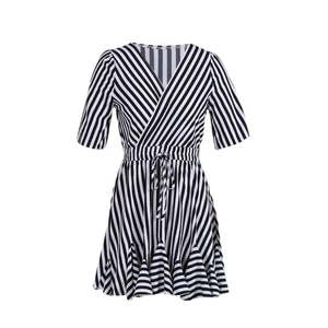 Frauen Gestreiften Vintage Kleid Elegante V-Ausschnitt Gestreiften Wickeln 6688 - Bild 1 von 31