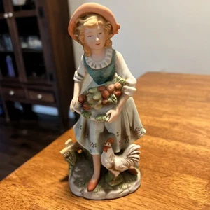 Vintage Homco #8881 Girl With Rooster And Fruit Figurine - Picture 1 of 7
