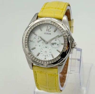 Women's GUESS Silver Tone Crystal Accent Watch Yellow Band, White Dial U12572L1 - Image 1 of 4
