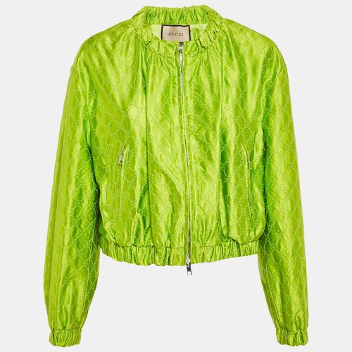 Giacca Gucci verde GG Supreme in seta con ricamo e zip M