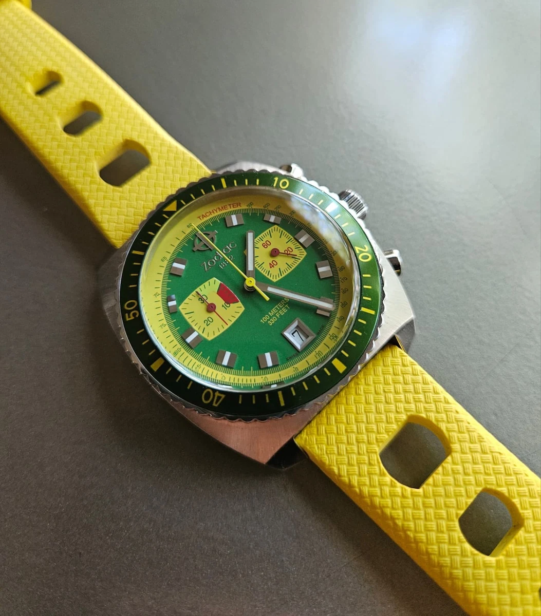 Vintage Diver Style Zodiac Sea Dragon Chronograph Yellow Green