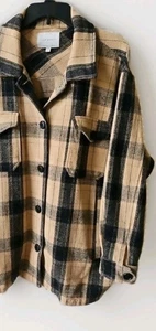 Lucky Brand Shacket Jacket Womens OverSize Large BlackBrown Plaid ButtonPockets - Picture 1 of 13