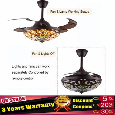 Tiffany Ceiling Fan with Light Glass Shade , LED Retractable Chandelier Stained - Image 1 of 4