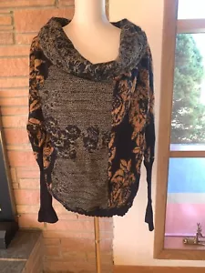 NWT Free People Black Floral Pullover Boat Cowl Neck Multicolor Knit Sweater L - Picture 1 of 8