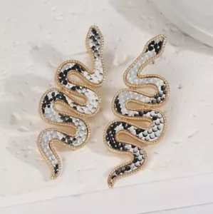 Chico’s Earrings Snake Gold Dangle Gothic Plated Leather Asymmetrical Python - Picture 1 of 10