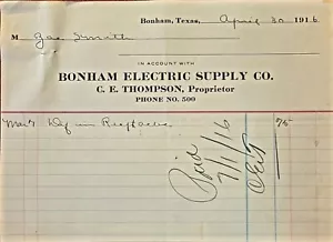 1916 BILLHEAD BONHAM ELECTRIC SUPPLY CO. C.E. THOMPSON - Picture 1 of 1