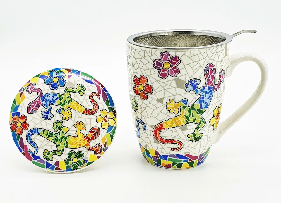 Teetasse Tasse Becher Keramik mit Teesieb und Keramikdeckel Mug Tee Gecko - Bild 1 von 1
