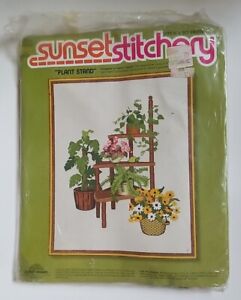 Vtg 70s Sunset Stitchery 16x20 Crewel Kit Plant Stand Botanical Embroidery 
