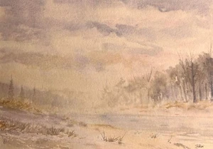 Original Art CHRIS ISKIW 12x16 - Watercolor Painting- Winter ,river COA - Picture 1 of 9