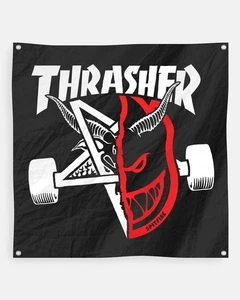 THRASHER x Spitfire Wheels Thrasher And Burn Black Wall Banner Flagge - Bild 1 von 1
