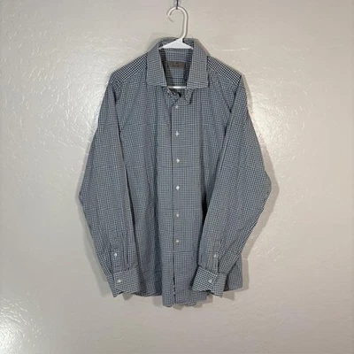 Camisa Canali Para Hombre 44 17.5 Azul Blanco Cuadros Algodón Vestido Botón Delantero Hecha en Italia Foto 1 de 4