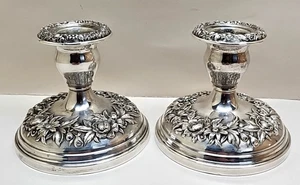 S Kirk & Son Sterling Silver Floral Repousse Candlestick Holders Pair - Picture 1 of 5