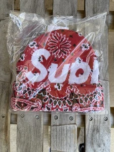 Supreme Big Logo Knit Beanie - Red Bandana Paisley FW24 NEW - Picture 1 of 2