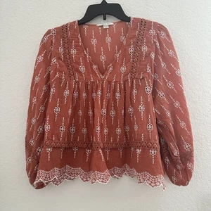 American Eagle Embroidered Peasant Top XS Rust Orange Balloon L/S Eyelet Cottage - Picture 1 of 11