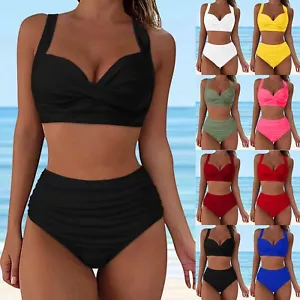 Women's High Waisted Bikini Twist Front Tie Back Two Piece Swimsuits Bikini Set - Picture 1 of 45