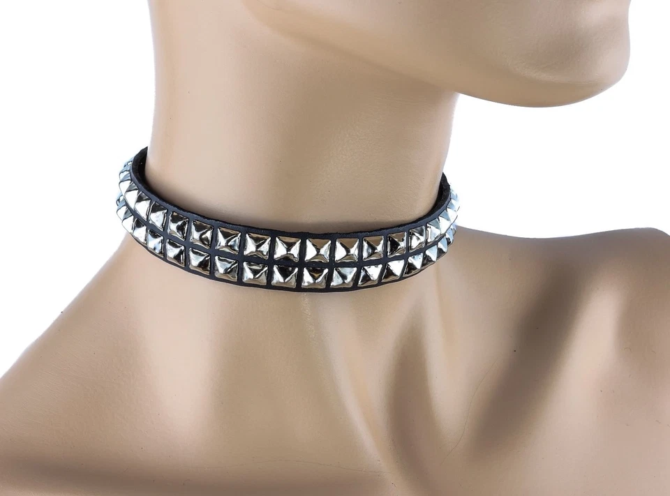 Double Tiny Studded Choker Sexy Punk Gothic Rockabilly Collar Silver in Black - Image 1 of 1