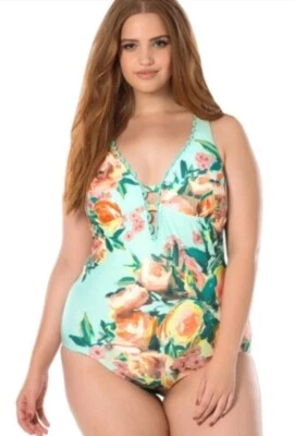 Becca 6681077  0X(14-16) Multicolor High Tea Plunge One Piece Swimsuit NWT - Image 1 of 2