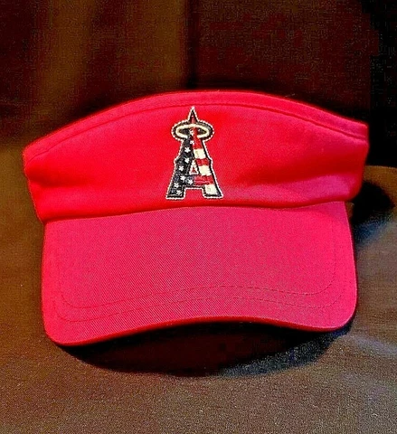 Red Anaheim Angels Adjustable Curve Sun Visor ~ Embroidered American Flag Logo Cover