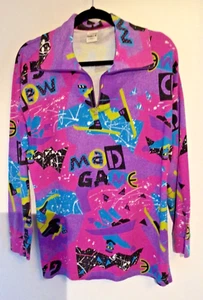 True Vintage 80s Ladies Multi Colour Graphics Zip Up High Neck Sweat Top UK 16 - Picture 1 of 7