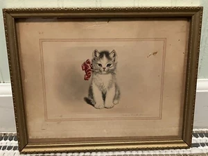 Vintage Meta Pluckebaum "Fluff" KÄTZCHEN KATZE ROSA SCHLEIFE Lithographie Druck handsigniert 9X7 - Bild 1 von 23