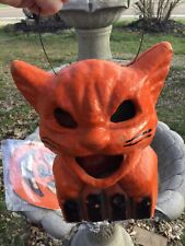 VTG. Antique Halloween “Cat On the Fence” Pulp LANTERN W/ Inserts~Papier-mâché