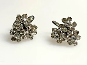 Vintage Clip on Earrings Screw Back Crystal Rhinestone Silver Metal - Picture 1 of 7