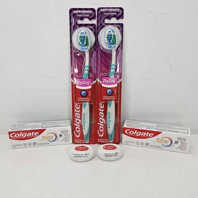 (2) Colgate Zig-Zag Wide Compact Soft Adult Toothbrush w/ Floss & Toothpaste - Image 1 of 4