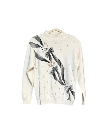 Vtg Christmas ALFRED DUNNER Sweater Embroidered Ribbons & Bows Cream & Gray Sz L - Image 1 of 4