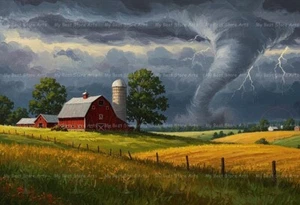 TORNADO ÜBER ROTER SCHEUNE BAUERNHOF KUNSTDRUCK, Sturm Landschaft Dekor, Bauernhaus Poster - Bild 1 von 2