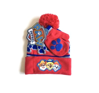 PAW PATROL HAT & MITTENS SET TODDLER BOY ONE SIZE RED BEANIE POM POM HAT - Image 1 of 4