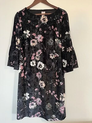 Chicos Women’s 1 Medium M Floral Velvet 3/4 Sleeve Knee Length Black Pink Dress - Image 1 of 4