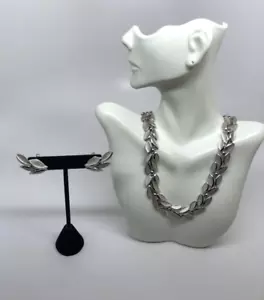 Vintage Krone Trifari silberfarben Blatt Blätter Halskette & Clip Ohrringe Set signiert - Bild 1 von 6
