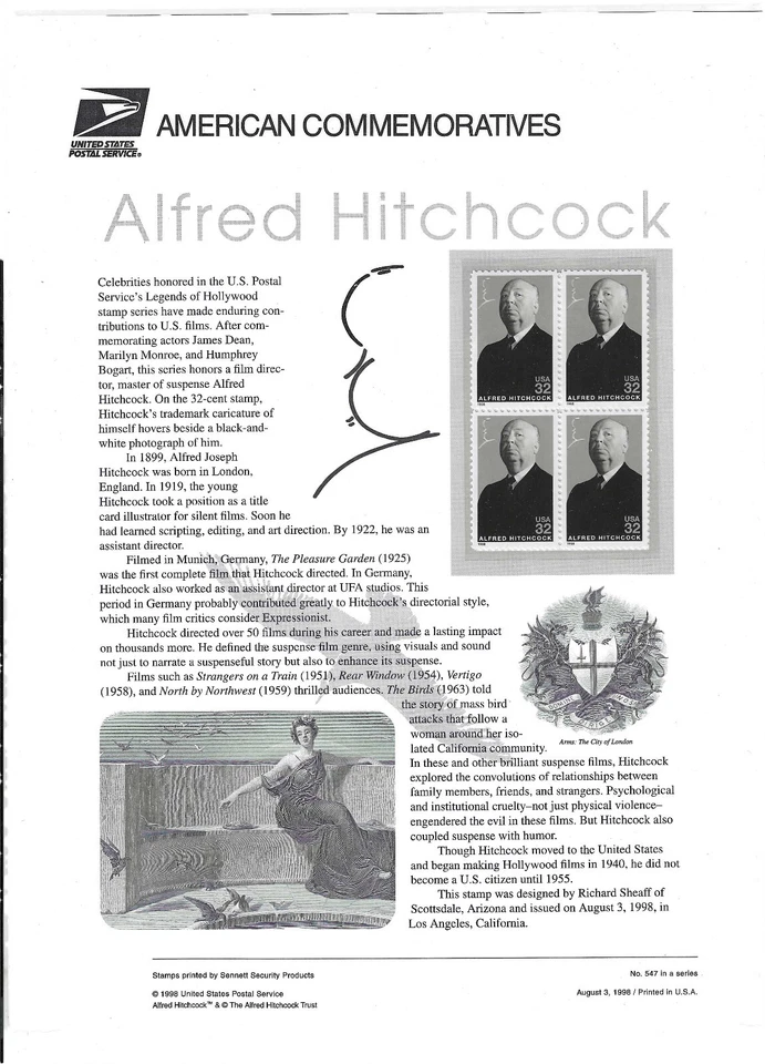 USPS COMMEMORATIVE PANEL #547 ALFRED HITCHCOCK MNH 32c BLK - Image 1 of 1