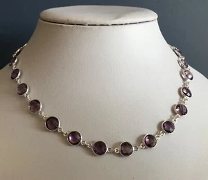 amethyst necklace, solid Sterling silver, round, multifaceted, 16 1/2 - 18 1/2”. - Picture 1 of 9