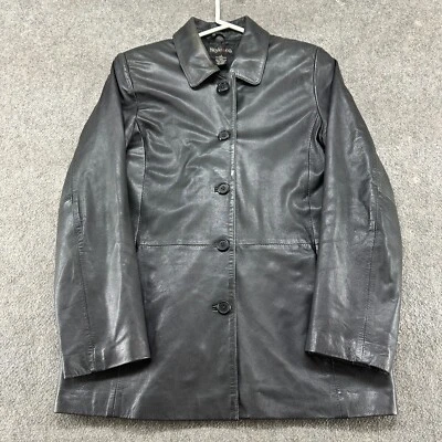 VINTAGE Style Co Leather Coat Womens Small Black Pea Lined Overcoat Genuine Y2K - Image 1 of 4