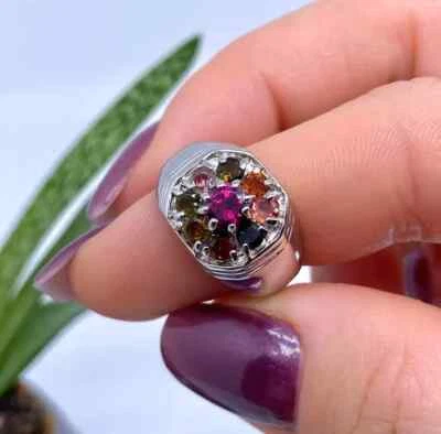 Anel de pedra preciosa natural rodolita e turmalina, prata esterlina 925, tamanho 8,5 EUA - Imagem 1 de 3