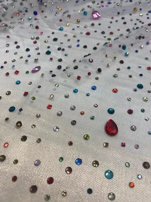 Beaded Multicolor Rhinestone Bridal on white mesh fabric, 54 inches wide - Image 1 of 2