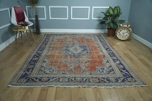 Wool Woven 6x9 Red Blue Area Rug, Vintage Turkish Rug, 6.30x8.83 ft. H-2808 - Picture 1 of 10